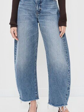 FRAME The Bubble Crop Jeans Size 26 Blue High Rise Barrel Leg Raw Hem